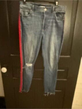 Express Dark Blue Skinny Jeans with Red Side Stripe
